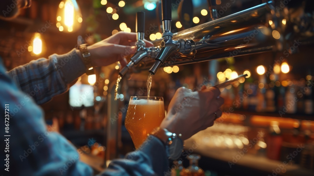 A bartender pouring draft beer A bartender pouring draft beer