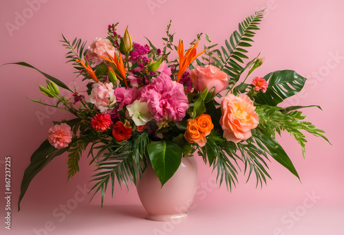 Wallpaper Mural A vibrant bouquet of various colorful flowers including dahlias, gerberas, roses, and other blossoms against a pink background. Torontodigital.ca