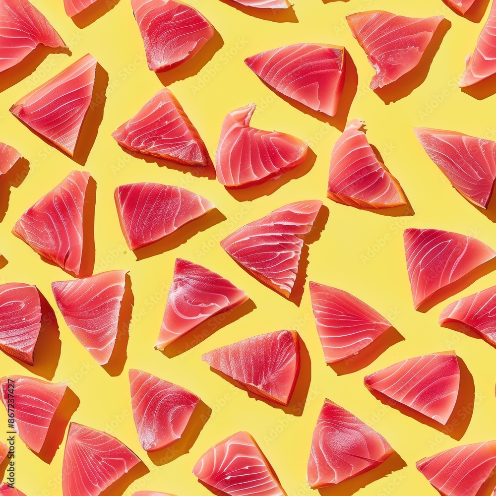 Tuna slices and whole, shot from above, making a fun pattern on a bright pastel color background, magazine cover photo Tuna slices and whole, shot from above, making a fun pattern on a bright pastel color background, magazine cover photo
