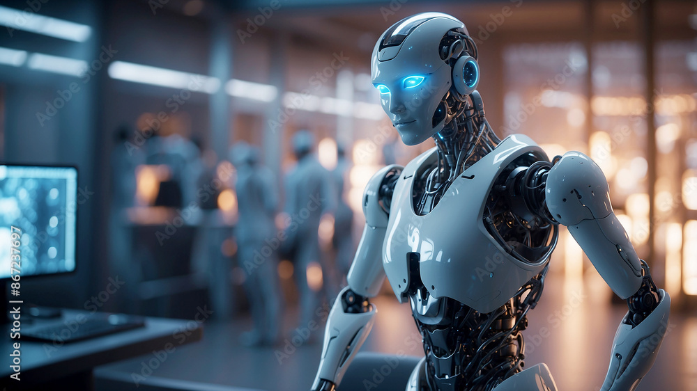 humanoid AI robot standing in a futuristic lab. The robot is surrounded by holographic data screens humanoid AI robot standing in a futuristic lab. The robot is surrounded by holographic data screens