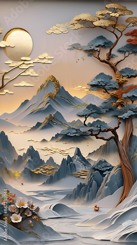 Modern sakura tree and mountain 3d relief mural wallpaper.