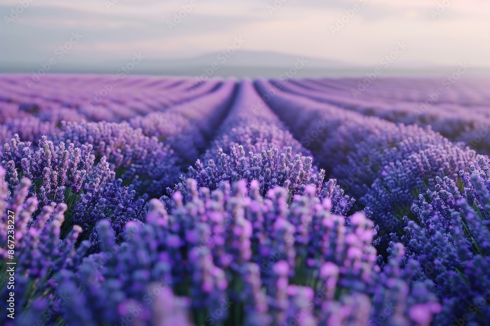 Obraz premium A stunning view of a lavender field in full bloom stretching into the horizon under a pastel sky, showcasing nature's vibrant colors and calm beauty.