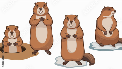 Four marmots in various poses. One marmot stands upright with its hands clasped in front of its chest, another is seen peeking out from a hole in the ground, the third is standing with its front paws 