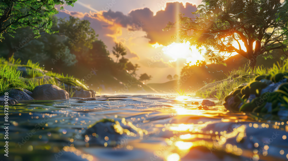 Sun rays reflecting in the river flowing through the forest. Beautiful landscape of a flowing river Sun rays reflecting in the river flowing through the forest. Beautiful landscape of a flowing river