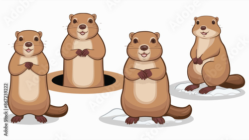 Four marmots in various poses. One marmot stands upright with its hands clasped in front of its chest, another is seen peeking out from a hole in the ground, the third is standing with its front paws 