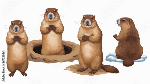 Four marmots in various poses. One marmot stands upright with its hands clasped in front of its chest, another is seen peeking out from a hole in the ground, the third is standing with its front paws 