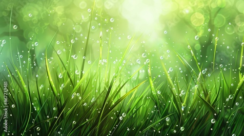 Close-up of green, juicy grass with dew drops. The sunlight is illuminated by water droplets. An abstract concept of the background of the environment. © Cherkasova Alie