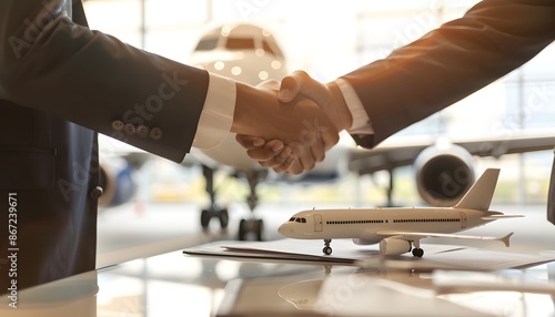 Two businessmen shaking hands with an airplane model and a document on a table, with a blurred background showing an a plane