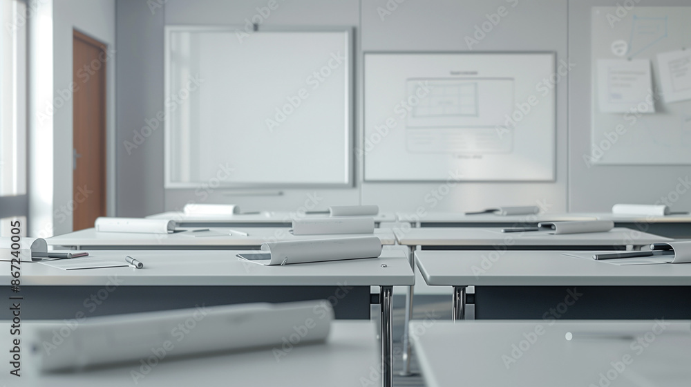 empty meeting room, Office landscape with whiteboards and empty desks empty meeting room, Office landscape with whiteboards and empty desks