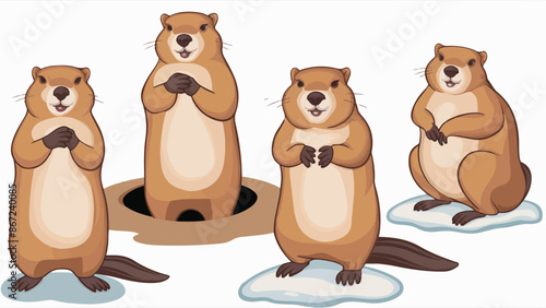 Four marmots in various poses. One marmot stands upright with its hands clasped in front of its chest, another is seen peeking out from a hole in the ground, the third is standing with its front paws 