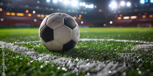 Close-up of a well-used soccer ball on a grass field with stadium lights and a sunset backdrop, capturing the essence of soccer.