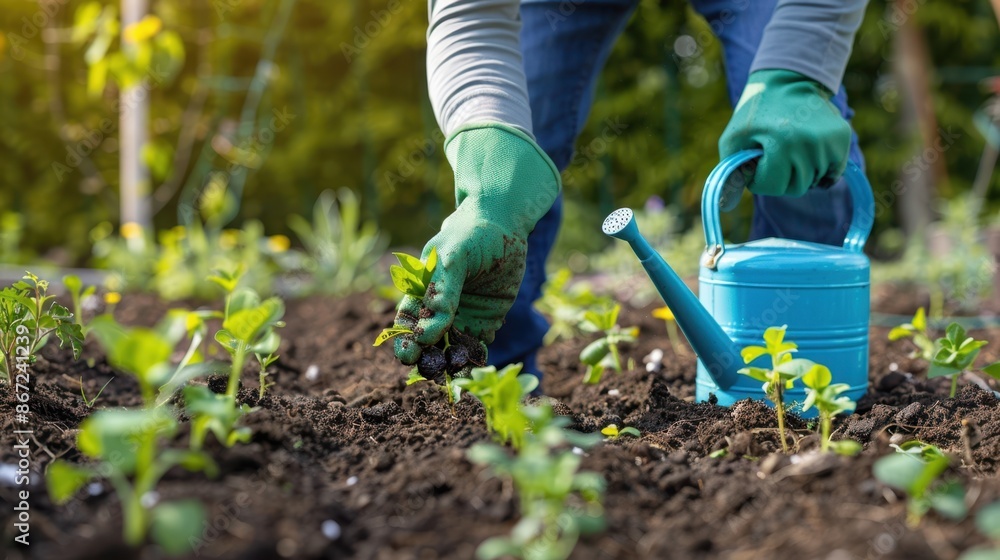 Fototapeta premium The gardener planting seedlings
