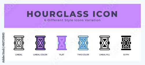 Hourglass icon set with different styles. Icons designed in filled. outline. flat. glyph and line colored.