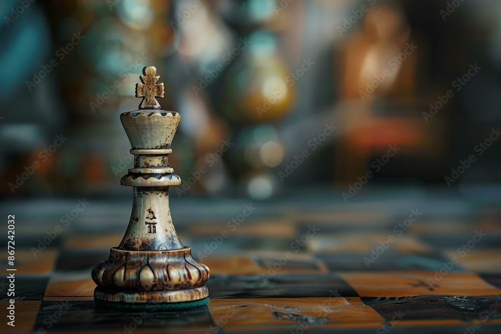 Wooden king chess piece standing alone on a chessboard with other chess pieces out of focus in the background Wooden king chess piece standing alone on a chessboard with other chess pieces out of focus in the background