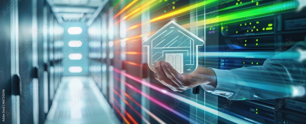 Hand Holding a House Icon in Front of a Server Room Hand Holding a House Icon in Front of a Server Room