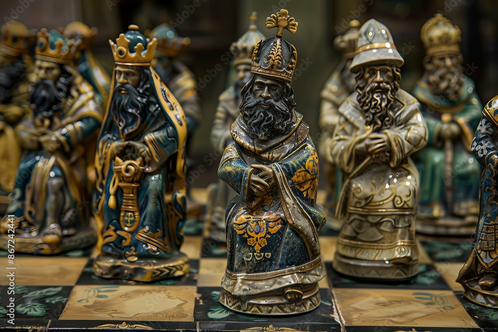 Blue and gold king chess piece is in focus on a chessboard with other pieces out of focus behind