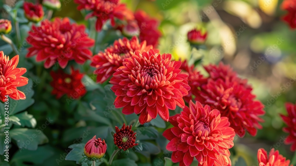 Red chrysanthemums blooming in the autumn garden Red chrysanthemums blooming in the autumn garden