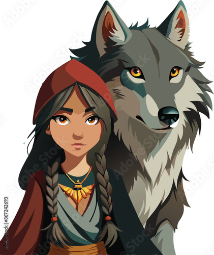 Beautiful young woman is hugging wild wolf with love