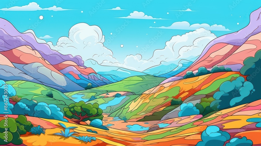 Vibrant cartoon landscape of a valley surrounded by colorful mountains, a river, trees and blue sky. Concept of nature, beauty, and imagination. Vibrant cartoon landscape of a valley surrounded by colorful mountains, a river, trees and blue sky. Concept of nature, beauty, and imagination.