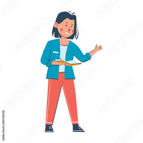 Young woman teacher is standing, holding an open book and gesturing while explaining lesson. Inspiring Future Career for Kids