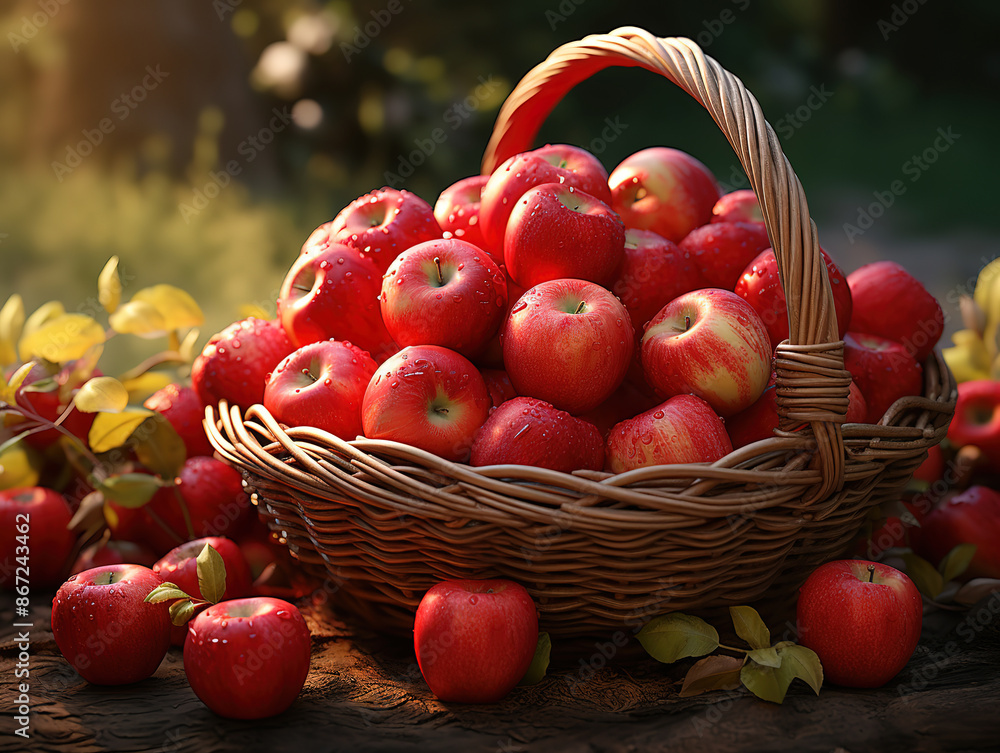 Eyecatching Fresh tasty red apples in wooden basket on red autumn background Eyecatching Fresh tasty red apples in wooden basket on red autumn background