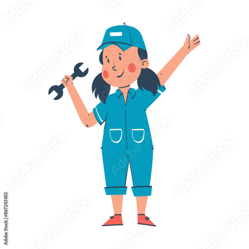 Young female mechanic holding wrench and waving, celebrating labor day vector illustration
