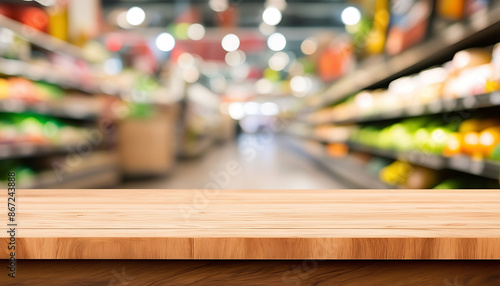 Empty wooden table with blurred supermarket aisle background