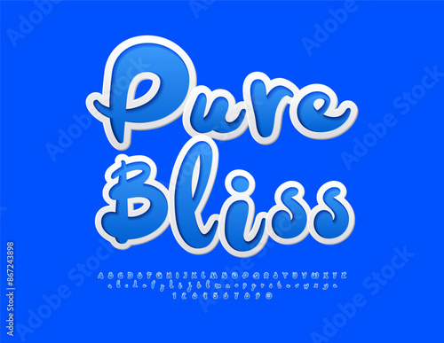Vector playful logo Pure Bliss. Blue sticker Font. Funny Bright Alphabet Letters and Numbers set.