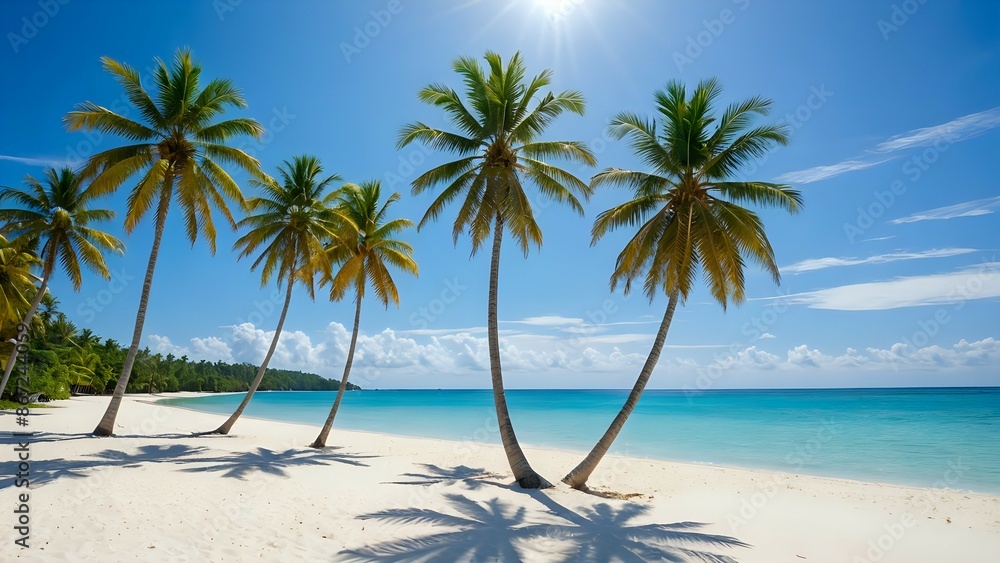 tropical beach view with bright blue sky and bright sun. There are several tall coconut trees on the white sandy beach, and the sea looks calm with a variety of colors tropical beach view with bright blue sky and bright sun. There are several tall coconut trees on the white sandy beach, and the sea looks calm with a variety of colors