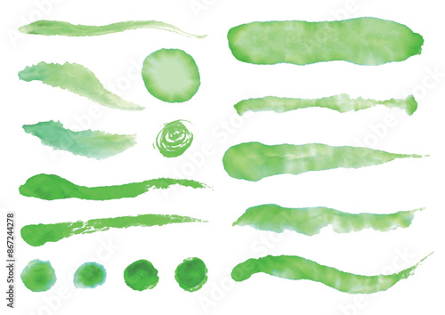 緑色の水彩絵の具の和風イメージの線や点のセット