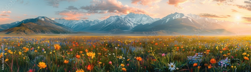 Beautiful mountain landscape with blooming wildflowers and a colorful sunrise sky, capturing the serene beauty of nature. Beautiful mountain landscape with blooming wildflowers and a colorful sunrise sky, capturing the serene beauty of nature.