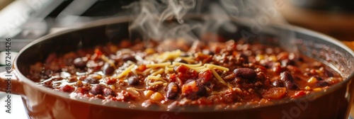 A steaming pot of homemade chili cooked with avocado oil that adds an extra depth of flavor without any bitterness.
