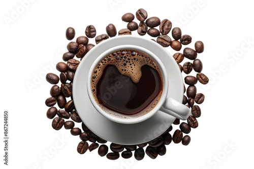 Top view of coffee beans with coffee isolated on transparent background