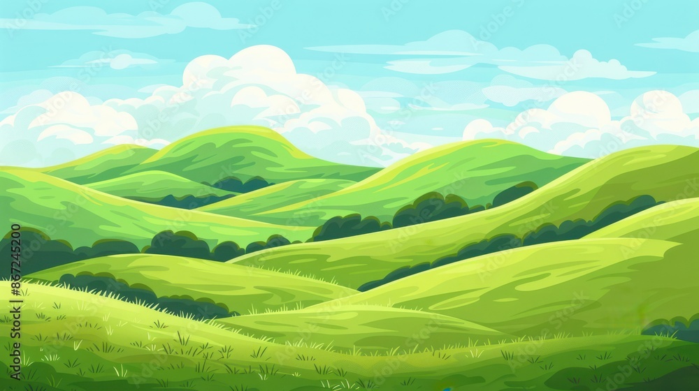 Scenic landscape of rolling green hills with blue sky. Idyllic countryside view. Summer meadow background for nature, environment, travel, and tourism. Scenic landscape of rolling green hills with blue sky. Idyllic countryside view. Summer meadow background for nature, environment, travel, and tourism.