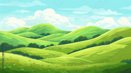 Scenic landscape of rolling green hills with blue sky. Idyllic countryside view. Summer meadow background for nature, environment, travel, and tourism.