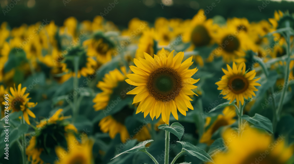Fototapeta premium Single Sunflower Prominent In A Dense Field Of Vibrant Yellow Blooms