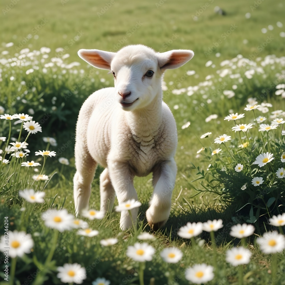 Fototapeta premium A young cute lamb frolicking in a field of daisies under the spring sun.
