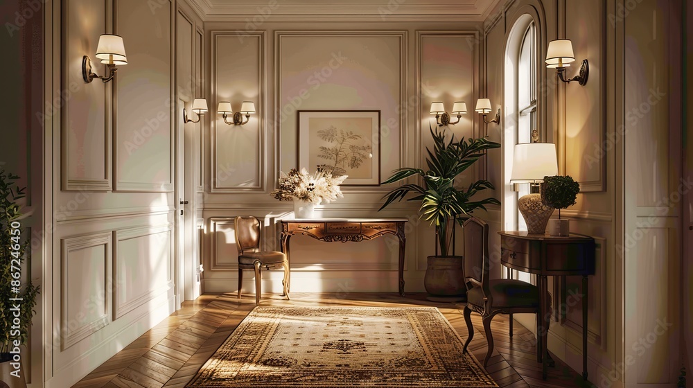 Large room with wooden table and blank picture frame attached to the wall. The room is empty and looks very clean and minimalist Large room with wooden table and blank picture frame attached to the wall. The room is empty and looks very clean and minimalist
