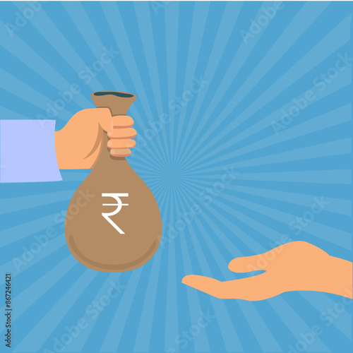 Money bag with rupee sign given to hand. Vector illustration in flat style.