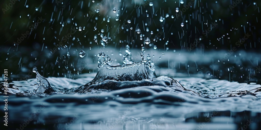 Dramatic raindrops hitting a surface, creating a dynamic splash pattern. Dramatic raindrops hitting a surface, creating a dynamic splash pattern.