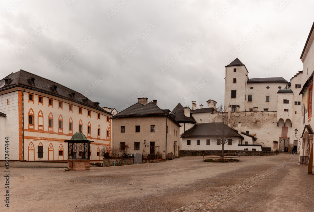 Panoramic view of the Hohensalzburg fortress's inner court. Cloudy and gloomy winter day Panoramic view of the Hohensalzburg fortress's inner court. Cloudy and gloomy winter day
