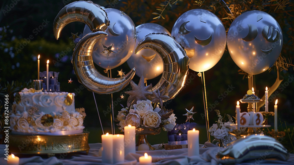 a celestial moonlit garden birthday with balloons resembling crescent moons and stars, a celestial moonlit garden birthday with balloons resembling crescent moons and stars,