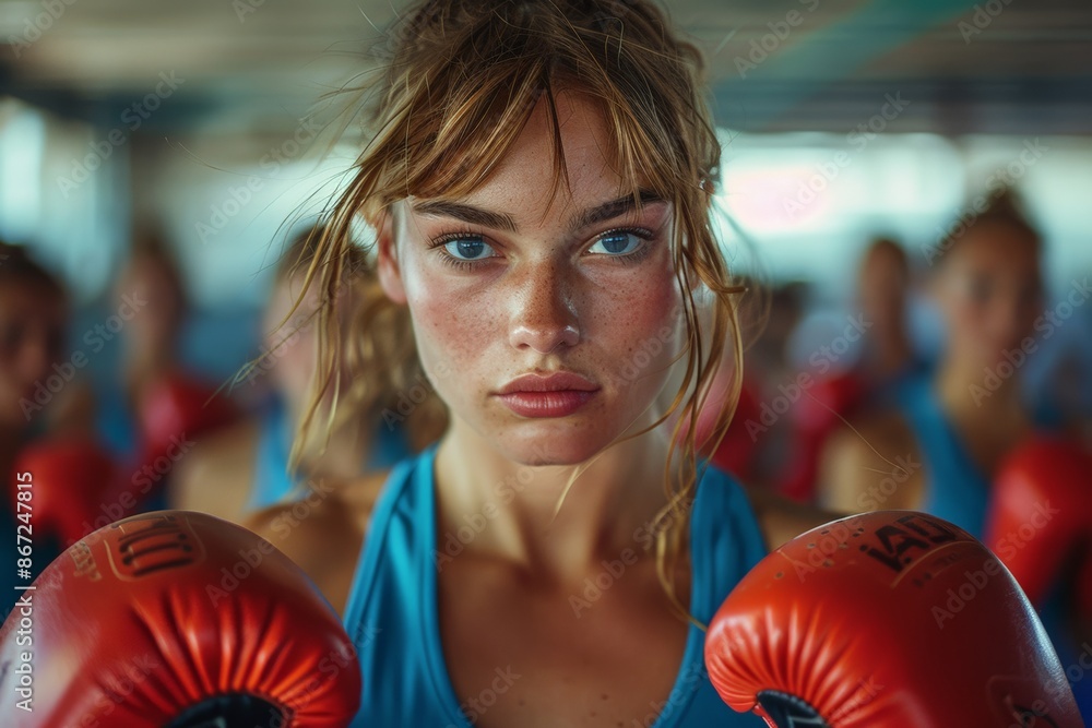 Determined female boxer in red gloves and blue workout gear training intensely with a group in the background. Determined female boxer in red gloves and blue workout gear training intensely with a group in the background.