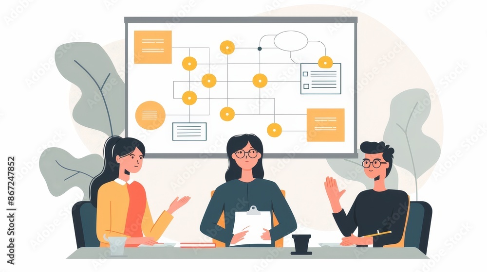 A professional woman guides a project flowchart discussion as part of product development, explaining each strategic step in a team meeting. A professional woman guides a project flowchart discussion as part of product development, explaining each strategic step in a team meeting.
