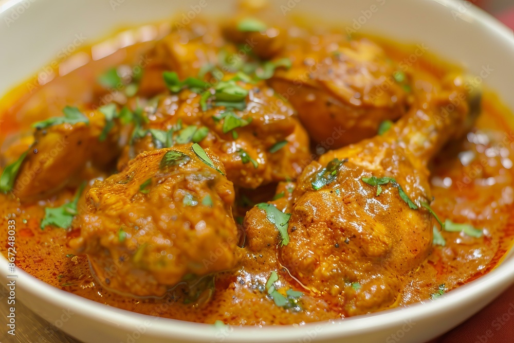 Chicken curry dish seasoned with cilantro being served in a white bowl Chicken curry dish seasoned with cilantro being served in a white bowl