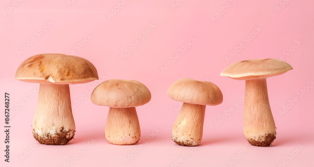 Four Brown Mushrooms Of Various Sizes Arranged On Light Pink Background Four Brown Mushrooms Of Various Sizes Arranged On Light Pink Background