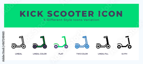 Kick scooter icon set. outline. glyph black. flat color and filled line color
