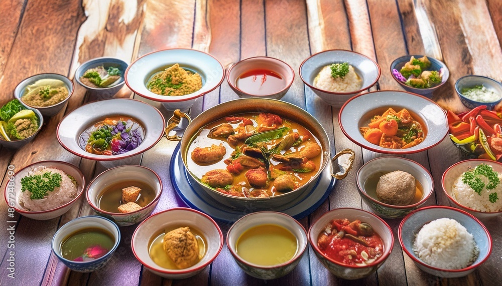 Illustrate a celebration of ethnic cuisines with a table filled with ...