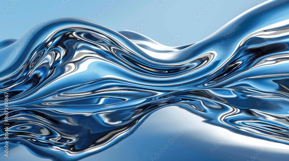 Reflective surface of liquid chrome waves against a blue background, embodying modern elegance. Reflective surface of liquid chrome waves against a blue background, embodying modern elegance.