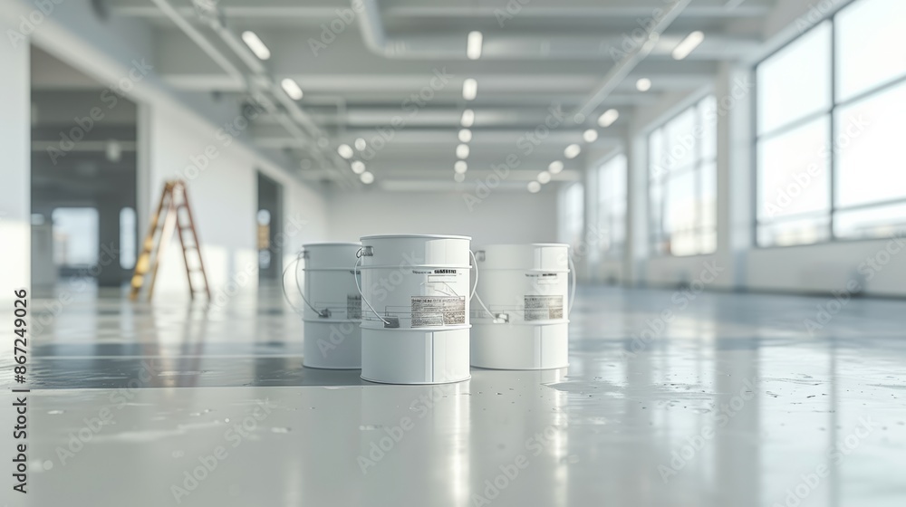 White paint buckets in a large, empty, and well-lit room ready for renovation. White paint buckets in a large, empty, and well-lit room ready for renovation.